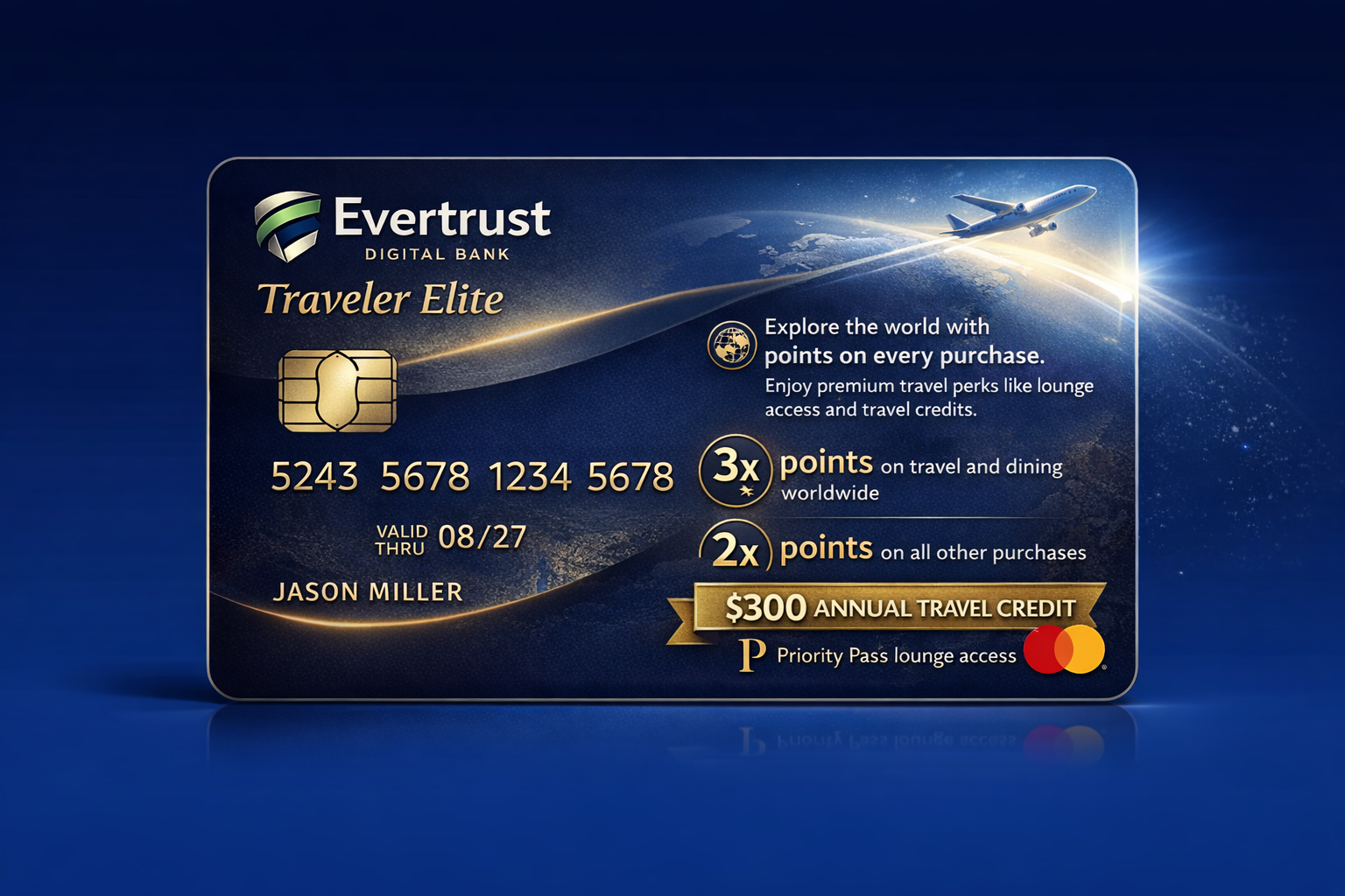 A stylish credit card with a world map design, for travel enthusiasts.