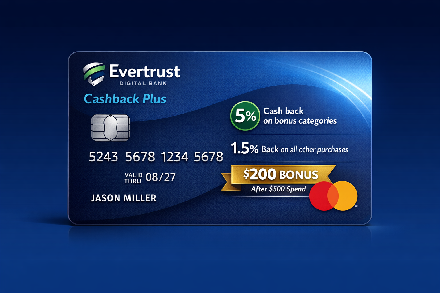 A modern and clean looking credit card for cashback rewards.